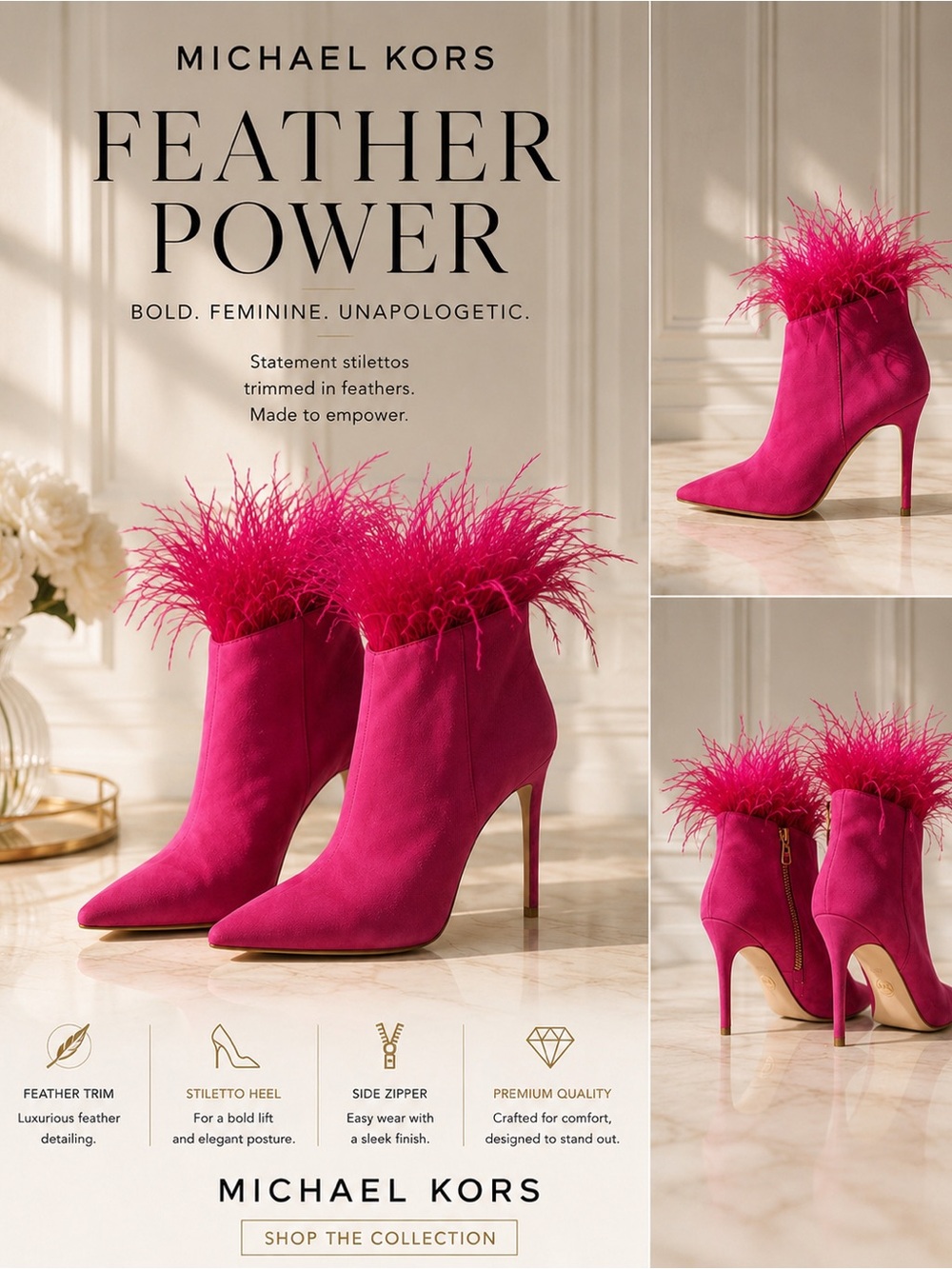 Michael Kors Hot Pink Feather Trim Stiletto Ankle Boots NWOT